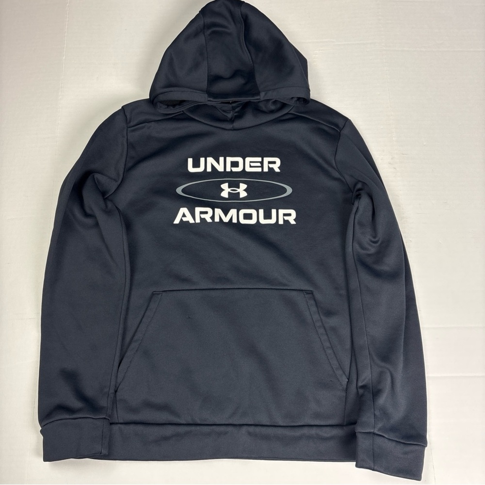 Under Armour Boys Youth Large Hoodie Sweatshirt Black Pullover White Logo Flaw